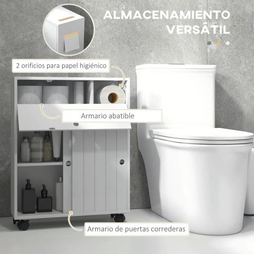 Armario de Baño Mueble Auxiliar con 4 Ruedas 2 Agujeros para Papel 2 Armarios y Estantes Ajustables 52x17x67 cm Blanco [2]