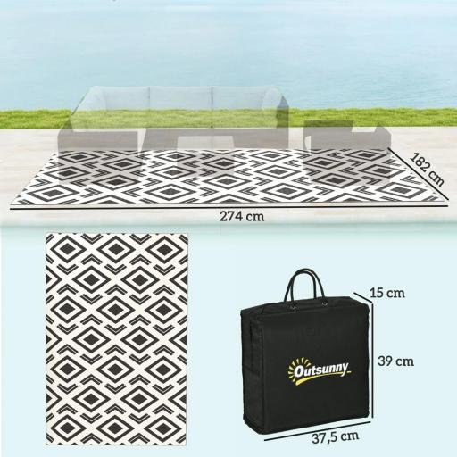 Alfombra de Exterior Reversible 182x274 cm con Patrón Geométrico Impermeable con Bolsa Blanco y Negro [1]
