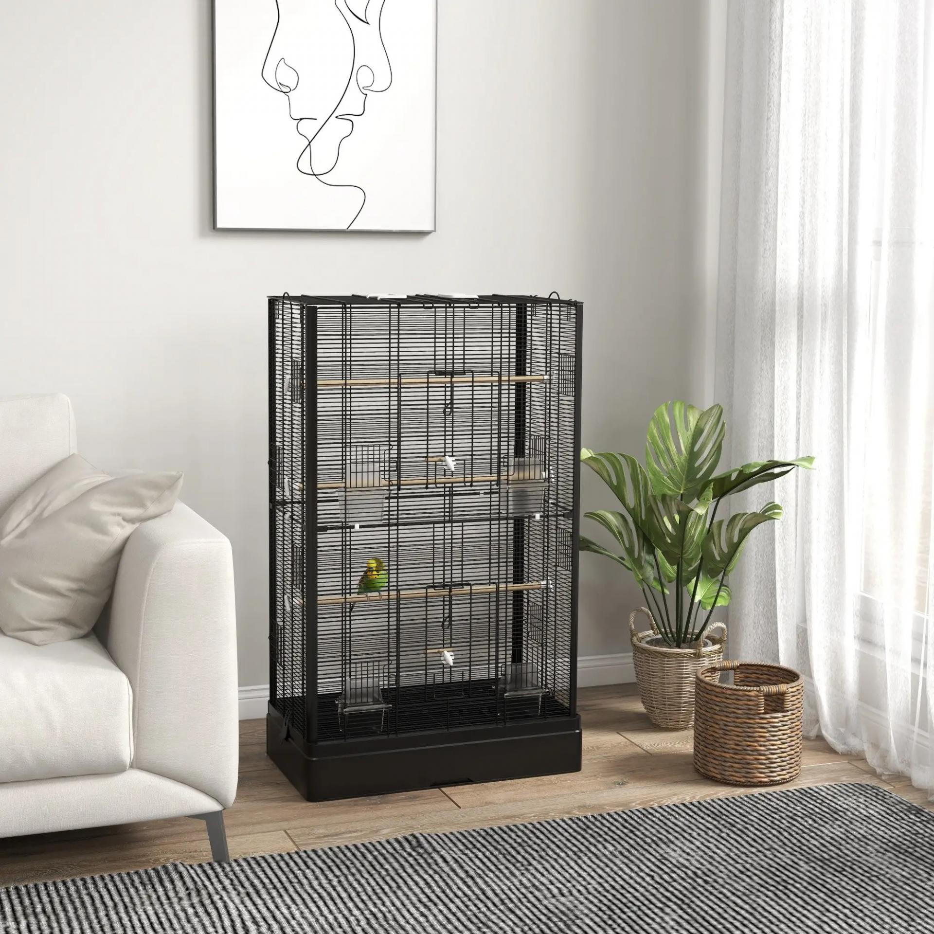 Jaula para Pájaros 61x36,5x98 cm con 8 Puertas 5 Perchas Bandeja Extraíble y 4 Comederos para Periquitos Pinzones Negro