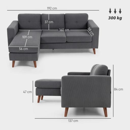 Sofá Chaise Longue Reversible de 3 Plazas Tapizado en Pana Marco de Acero para Espacios Reducidos Gris Oscuro [3]