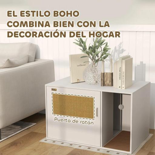 Mueble Arenero para Gatos Arenero para Gatos con Almohadilla para Rascar y Puerta de Ratán 80x50x50 cm Blanco [3]