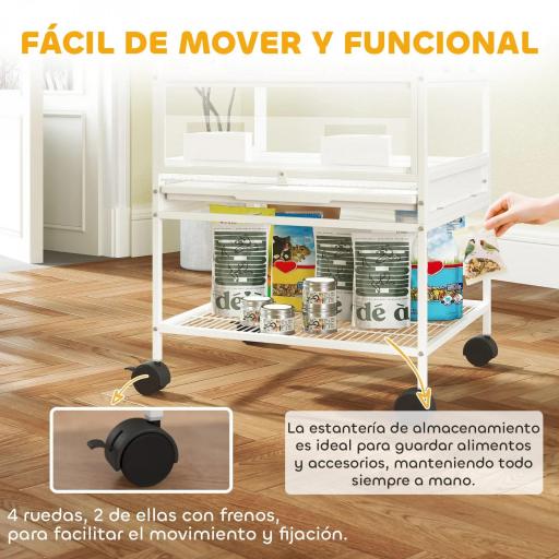 Jaula para Pájaros de 2 Niveles con Paneles Acrílicos Comederos Perchas Ruedas y Estante Inferior 48x46x134,5 cm Blanco [6]