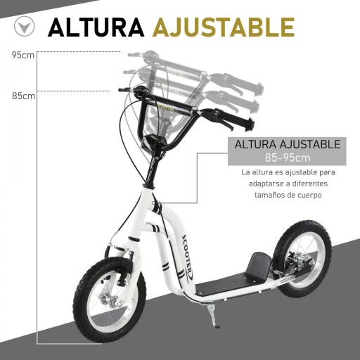 Patinete para Niños Mayores de 5 Años Scooter 2 Neumáticos Inflables de Caucho con Frenos Manillar Ajustable Pedal Antideslizante 120x58x85-95 cm Blanco [2]