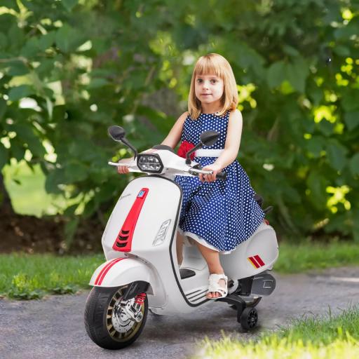 Moto Eléctrica para Niños de +3 Años con Licencia Vespa con USB MP3 Luz LED Radio FM Velocidad 3 km/h Carga 35kg Blanco