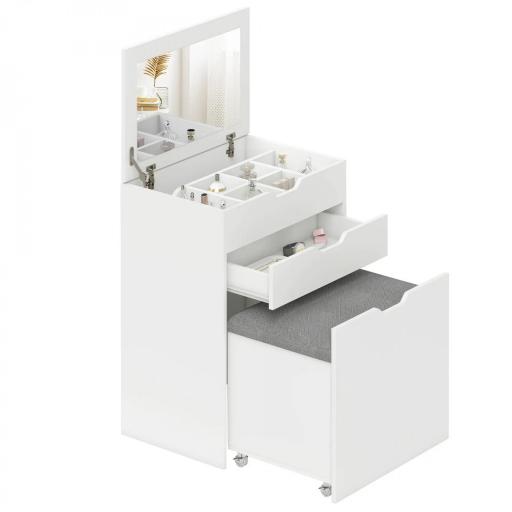 Tocador de Maquillaje con Taburete Oculto Espejo Abatible Cajón y 7 Compartimentos Taburete con Almacenamiento Blanco [9]