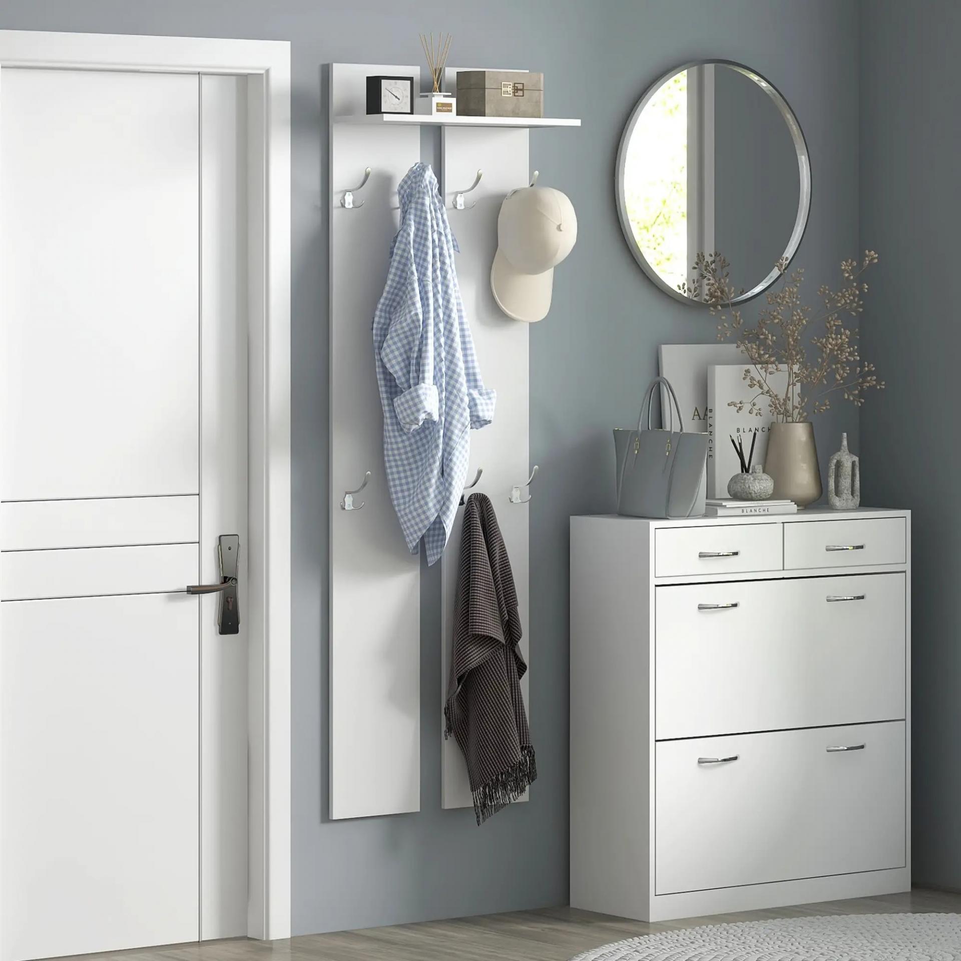 Perchero para Recibidor de Pared con 8 Ganchos y Estante para Entrada Pasillo 55x21,3x170 cm Blanco