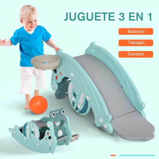  3 en 1 Caballo Balancín para Niños con Tobogán Aro de Baloncesto Set de Juegos Multifuncional con Superficies Suaves 18-36 Meses con Forma de Rana Delfín 72x34x47 cm Verde [6]