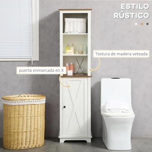 Armario Alto de Baño Mueble Columna de Baño con 3 Compartimientos Puerta y Estante Ajustable 39,5x30x160 cm Blanco [8]