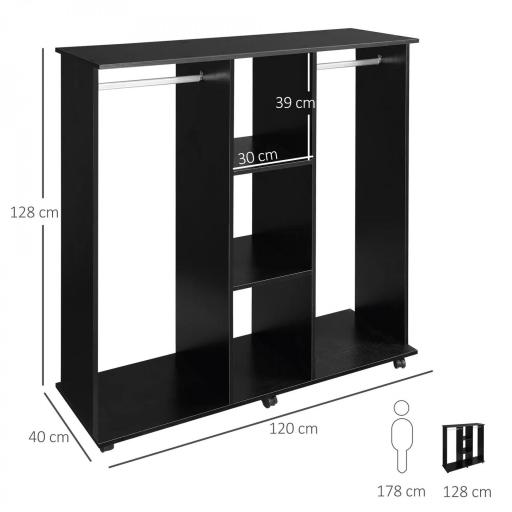 Armario Abierto con Ruedas 2 Barras y Estantes para tener Ropa Colgada y Doblada en el Dormitorio 120x40x128 cm Negro [1]