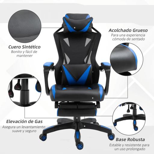 Silla Gaming Ergonómica Silla de Escritorio para Oficina con Altura Ajustable Respaldo Regulable de 170° Almohada Lumbar y Reposapiés Retráctil 65x70x117-125 cm Azul [1]