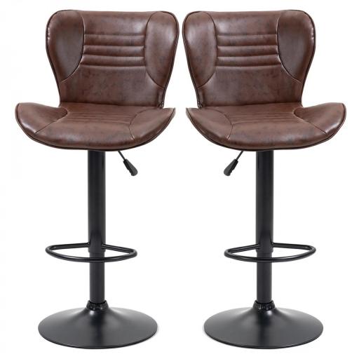 Juego de 2 Taburetes de Bar Tapizado en Cuero Sintético Taburetes Altos de Comedor Regulable en Altura Giratorio con Respaldo y Reposapiés 46,5x54x88-108 cm Marrón [8]