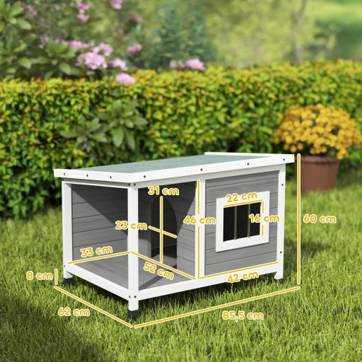 Casa para Perros de Madera 85,5x62x60 cm con Techo Asfáltico Abatible Puerta y Ventana para Perros Pequeños Gris [1]