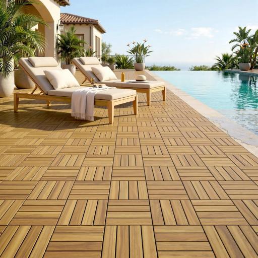 Set de 10 Piezas Baldosas de Exterior de Madera 31x31 cm 0,91 m² Suelo de Jardín Exterior Antideslizantes Natural [3]