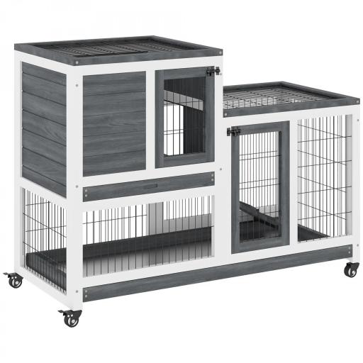 Conejera de Madera con Ruedas para Interior Jaula de 2 Pisos con Rampa y 2 Bandejas Extraíbles 110x50x88cm Gris [9]