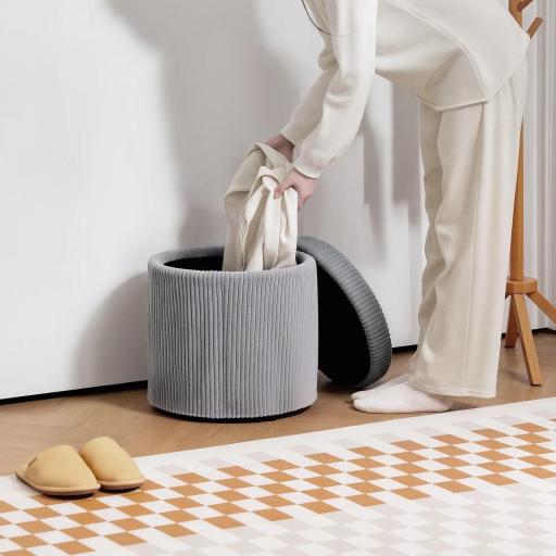 Puff con Almacenaje Redondo Tapizado en Pana con Estructura de Acero Estable y Acolchado Suave Ø40x41 cm Gris Claro  [6]