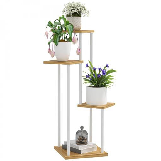 Soporte para Plantas de Madera y Acero de 4 Niveles con 4 Estantes Cuadrados 53x42x85 cm Natural y Blanco [8]
