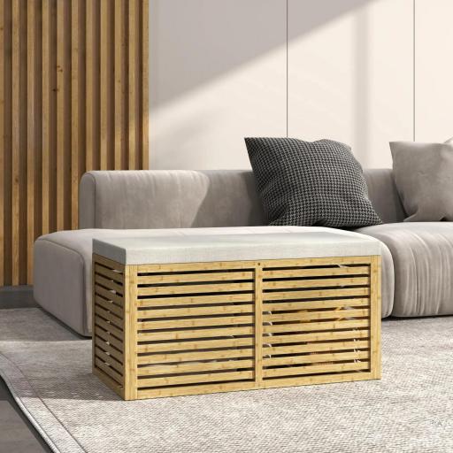 Baúl de Almacenaje 122L Tapizado en Lino Sintético con Cojín Marco de Bambú 90x42x43 cm Gris y Natural