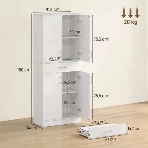 Alacena de Cocina con 4 Puertas 1 Cajón y Estantes Ajustables Antivuelco para Comedor Salón 70,8x34x180cm Blanco y Plata [1]