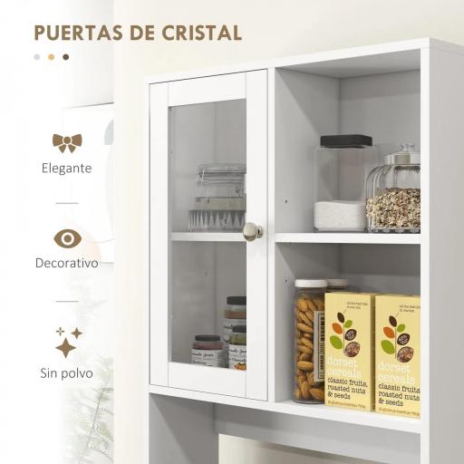 Alacena de Cocina Aparador con 2 Puertas de Vidrio Compartimentos 4 Cajones y Estantes Ajustables 60x35x180 cm Blanco [3]