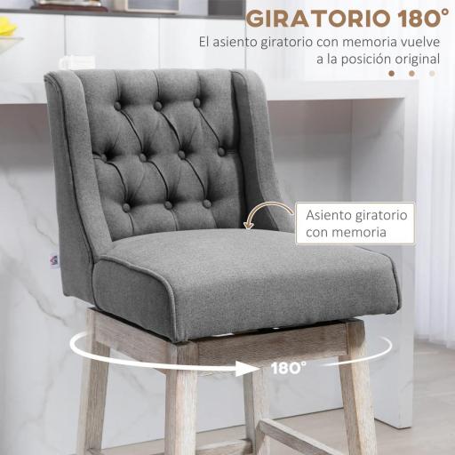 Juego de 2 Taburetes de Bar con Respaldo Taburetes Altos de Cocina Giratorios 180° Patas de Madera 46x57x101 cm Gris [6]