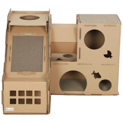 Casa para Gatos de Cartón Forma Castillo 2 Niveles con 3 Zonas de Rascado Túnel Rampa Incluye Hierba Marrón [9]