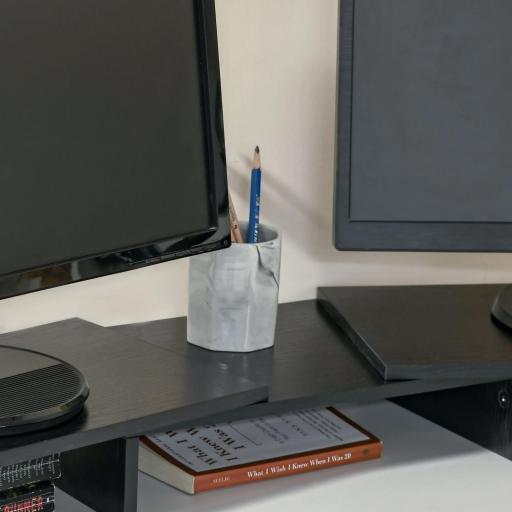 Soporte Elevador para Monitores de Madera Ajustable en Longitud y Ángulo para 2 Pantallas de Ordenador Portátil 80-117x23,5x10 cm Negro [6]