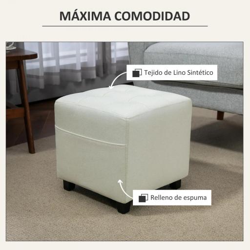 Reposapiés de Salón Taburete Bajo Tapizado en Lino con Bolsillo Lateral y Tapa con Botones Acolchados Crema [3]