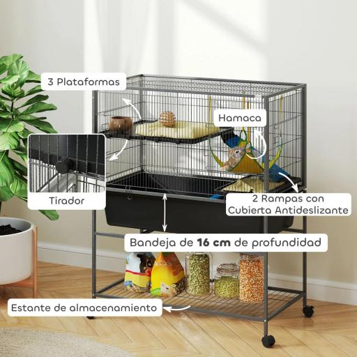 Jaula para Animales Pequeños de 3 Niveles con Rampas Antideslizantes Puertas Amplias y Ruedas con Freno 88x48x102cm Gris [4]