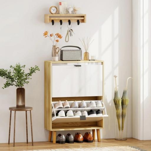 Zapatero Estrecho con 2 Puertas en Blanco Brillo Estantes Ajustables Patas de Madera para 12 Pares de Zapatos