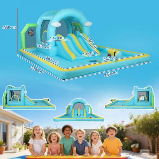Castillo Hinchable Acuático 7 en 1 con Soplador 2 Toboganes Trampolín Piscina Canasta Columna de Boxeo 426x360x198 cm [1]