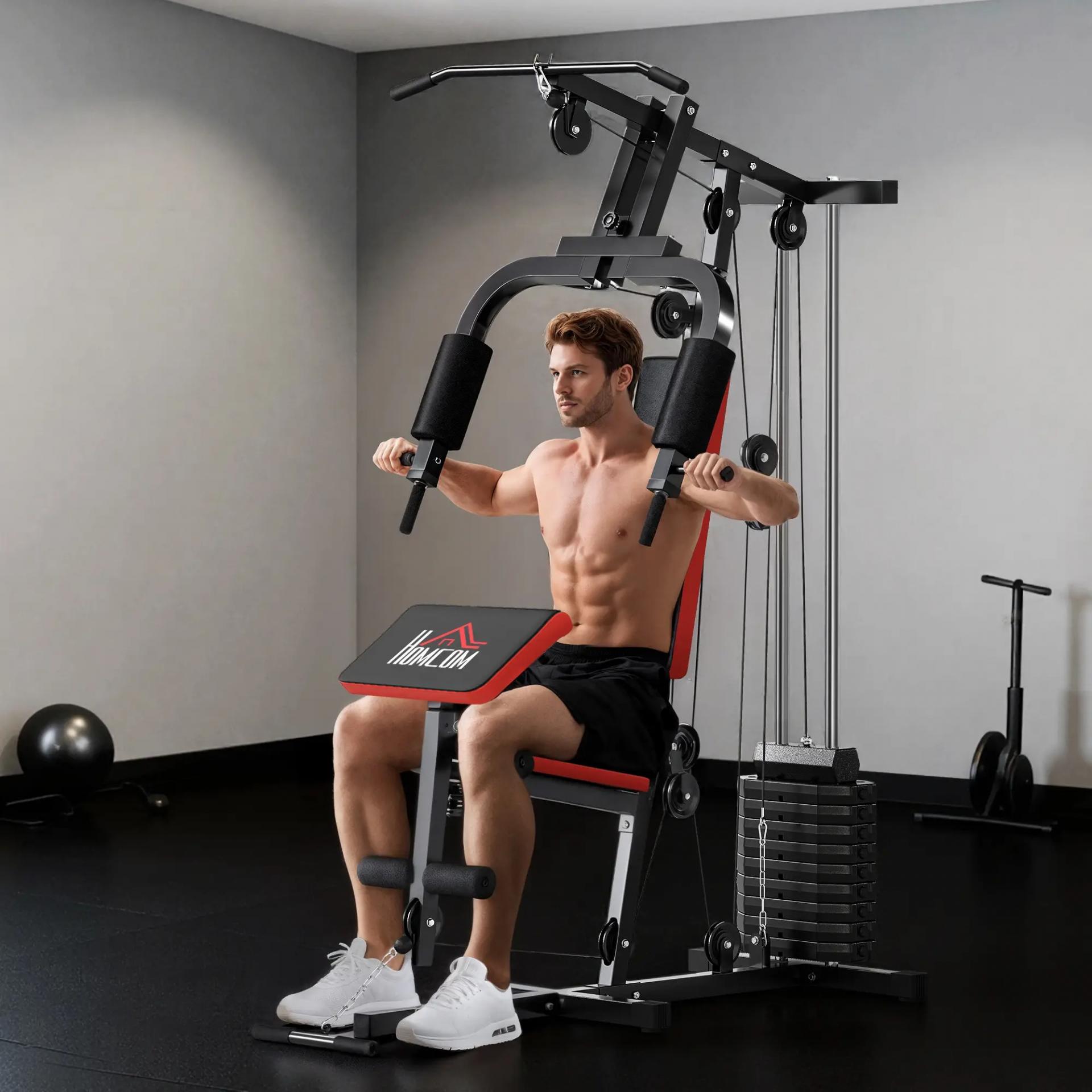 Máquina de Musculación con Placas de Peso de 65 kg Carga Max. 100 kg para Entrenamiento Fitness en Hogar Negro y Rojo