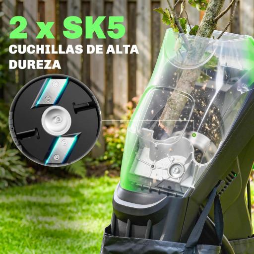 Trituradora de Ramas Eléctrica 2500W con 2 Cuchillas Reversibles hasta Ø44 mm de Ramas Bolsa 45L Ruedas Verde [7]