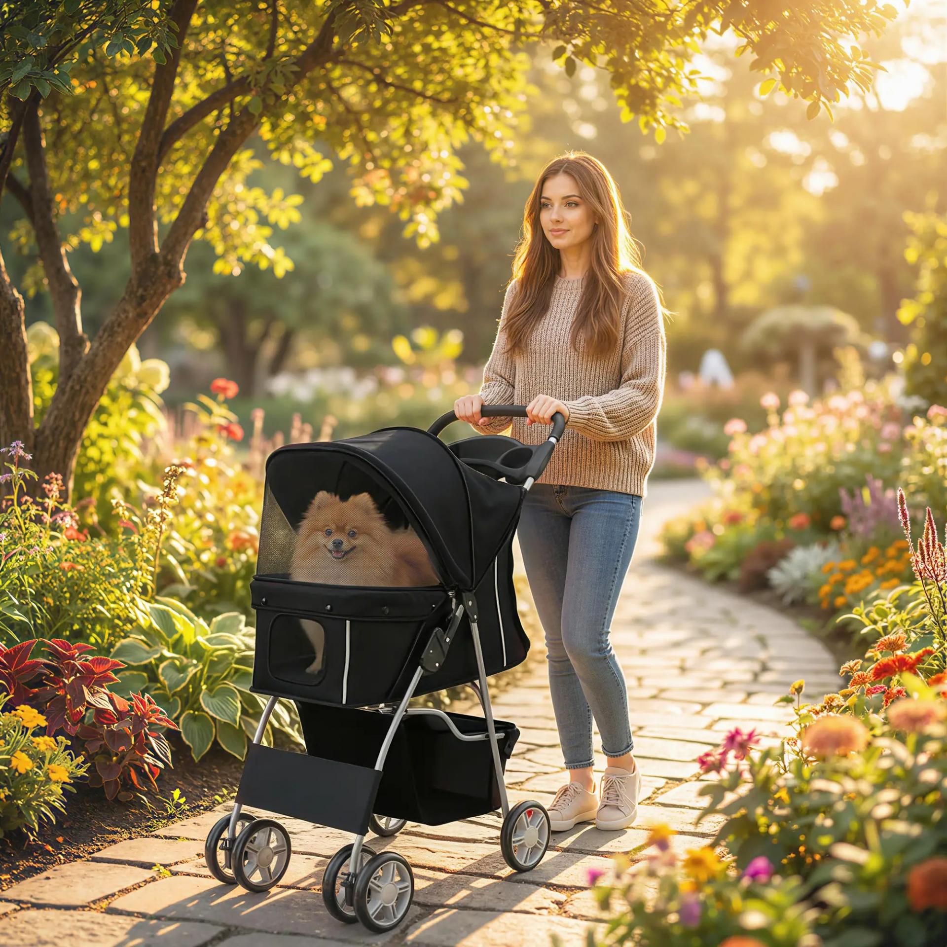 Carrito para Perros Pequeños con Cesta de Almacenaje Portavasos Ruedas y Cojín Lavable 77x44x102 cm Negro