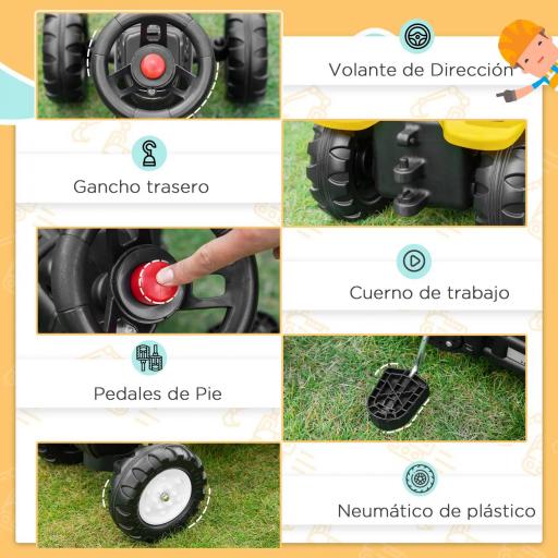 Tractor a Pedales para Niños de +3 Años con Pala Delantera y Bocina Carga 35kg Tractor Infantil 107x42x71 cm Amarillo [4]