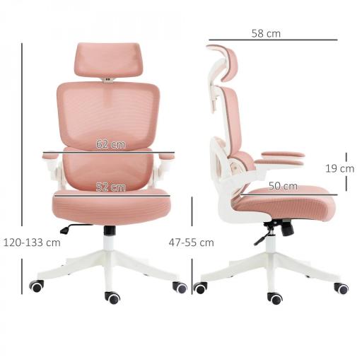 Silla de Malla Giratoria Silla de Escritorio Basculante con Respaldo Alto Reposacabezas Reposabrazos 62x58x133 cm Rosa [1]