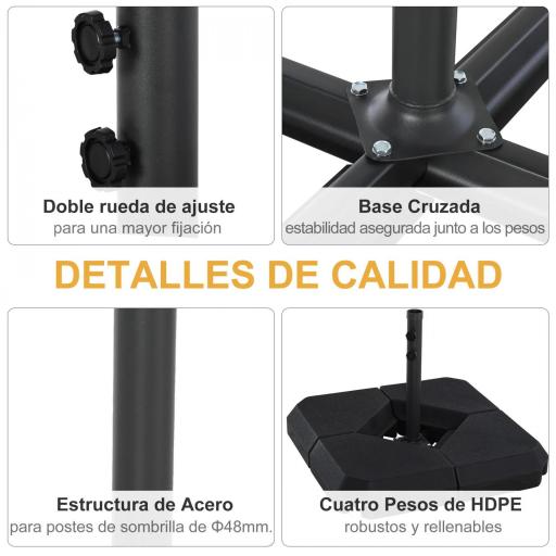 Base para Sombrilla de Ø48 mm con 4 Pesos Rellenables de Agua o Arena de 60L Soporte de Sombrilla en Forma de Cruz con Tubo de Acero 80x80x56 cm Negro [2]