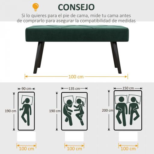 Taburete Pie de Cama Multifuncional con Pies de Acero y Asiento Acolchado para Entrada Pasillo 100x36x45 cm Verde [2]