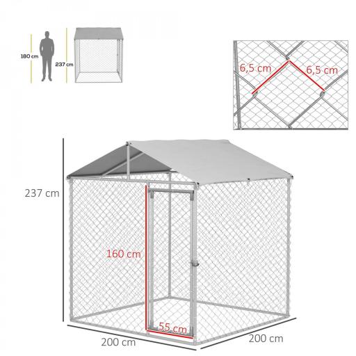 Jaula de Exterior para Perros Medianos con Cerradura Marco de Acero Toldo Impermeable y Anti-UV 200x200x237 cm Plata [1]