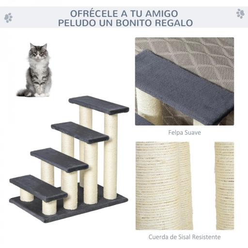 Escalera para Mascotas 60x42x61 cm Escalera para Gatos Perros Mayores Enfermos Pequeños Cubierta Suave de Peluche Rascador de Sisal Estable 4 Pasos Gris [8]