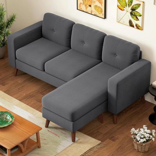 Sofá Chaise Longue Reversible de 3 Plazas Tapizado en Pana Marco de Acero para Espacios Reducidos Gris Oscuro [2]