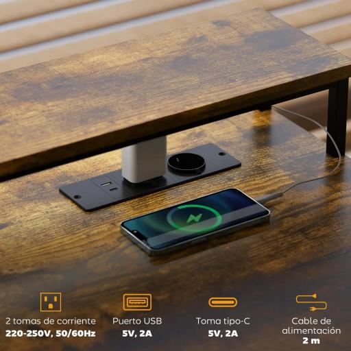 Escritorio Industrial con Luces LED y Estación de Carga con Patas Ajustables y Soporte en X 130x110x91 cm Madera Rústica [7]