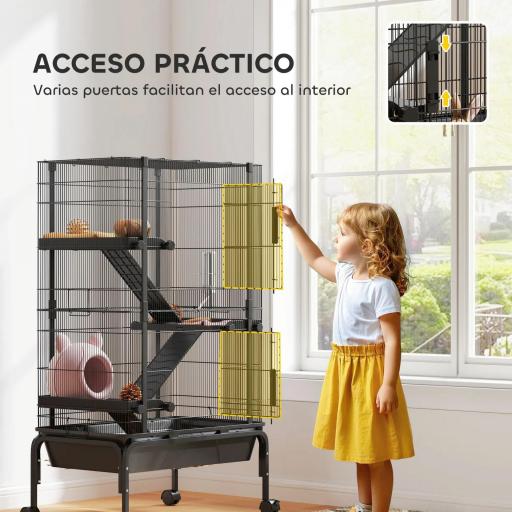 Jaula para Animales Pequeños de 4 Niveles con Ruedas Rampas Cuenco Botella de Agua 69x44x120 cm Negro [4]
