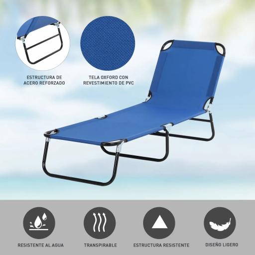Tumbona Plegable Reclinable con Ángulo Ajustable de 5 Posiciones para Jardín Exterior Piscina Terraza Camping Carga 120 kg 188x56x28 cm Azul [3]