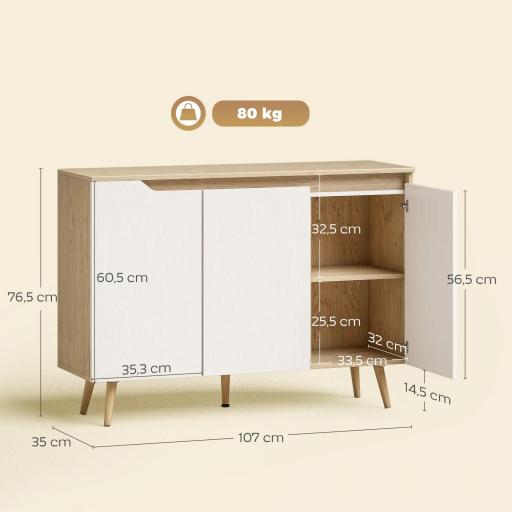 Aparador de Salón con 3 Puertas Estantes Ajustables Patas de Madera para Cocina Entrada 107x35x76,5 cm Roble y Blanco [1]