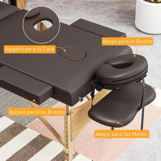 Camilla Masaje Plegable de Madera de 3 Zonas con Altura Respaldo Reposacabezas Ajustables Brazos 215x60x64-89 cm Marrón [5]