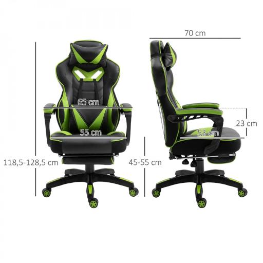 Silla Gaming Ergonómica Silla de Escritorio de Oficina Regulable en Altura Reclinable Respaldo con Reposapiés Reposacabezas Cojín Lumbar Ruedas 65x70x118,5-128,5 cm Verde [3]