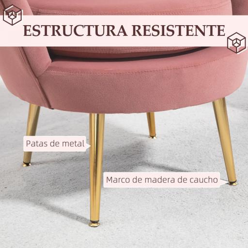 Butaca Tapizada en Terciopelo Butaca de Dormitorio con Respaldo en Forma de Concha y Patas Doradas 76x67x74 cm Rosa [5]