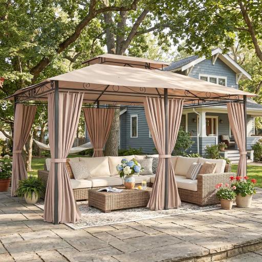 Cenador para Jardín 3x4 m Pabellón de Jardín Gazebo con Doble Techo 6 Paredes Laterales Estructura Metálica Caqui [0]