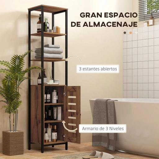 Columna de Baño Estrecha con Puerta de Lamas Estantes Ajustables Compartimentos Abiertos 37x30x167 cm Marrón Rústico [5]