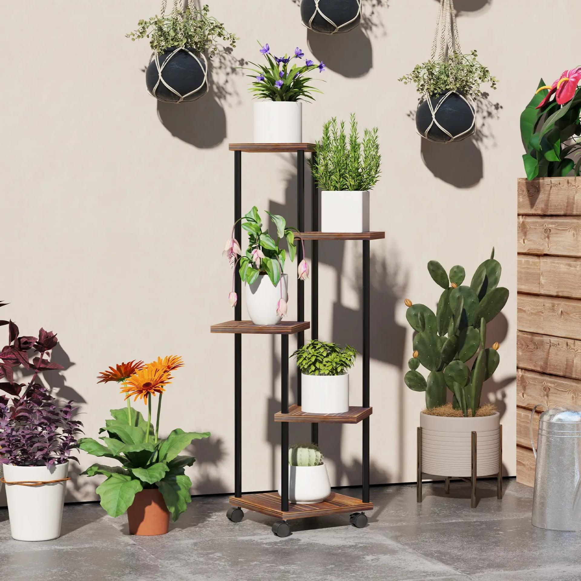 Soporte para Plantas de Madera y Acero de 3 Niveles con 5 Estantes Cuadradas y 4 Ruedas 59x59x110 cm Carbonizado
